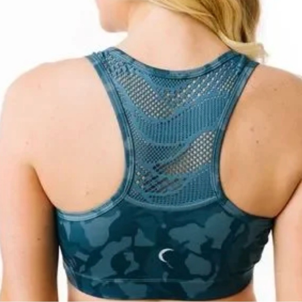 Zyia Blue Teal Camo Bomber Sports Workout Crochet Racerback Bra Support Small